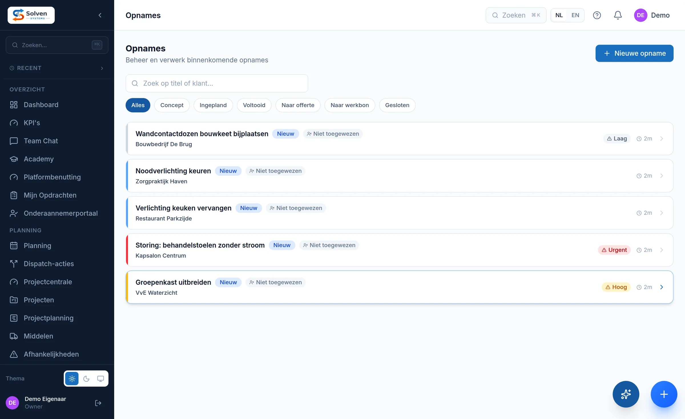 The intake overview in Solven with five incoming requests: title, customer, urgency and whether anyone has been assigned yet