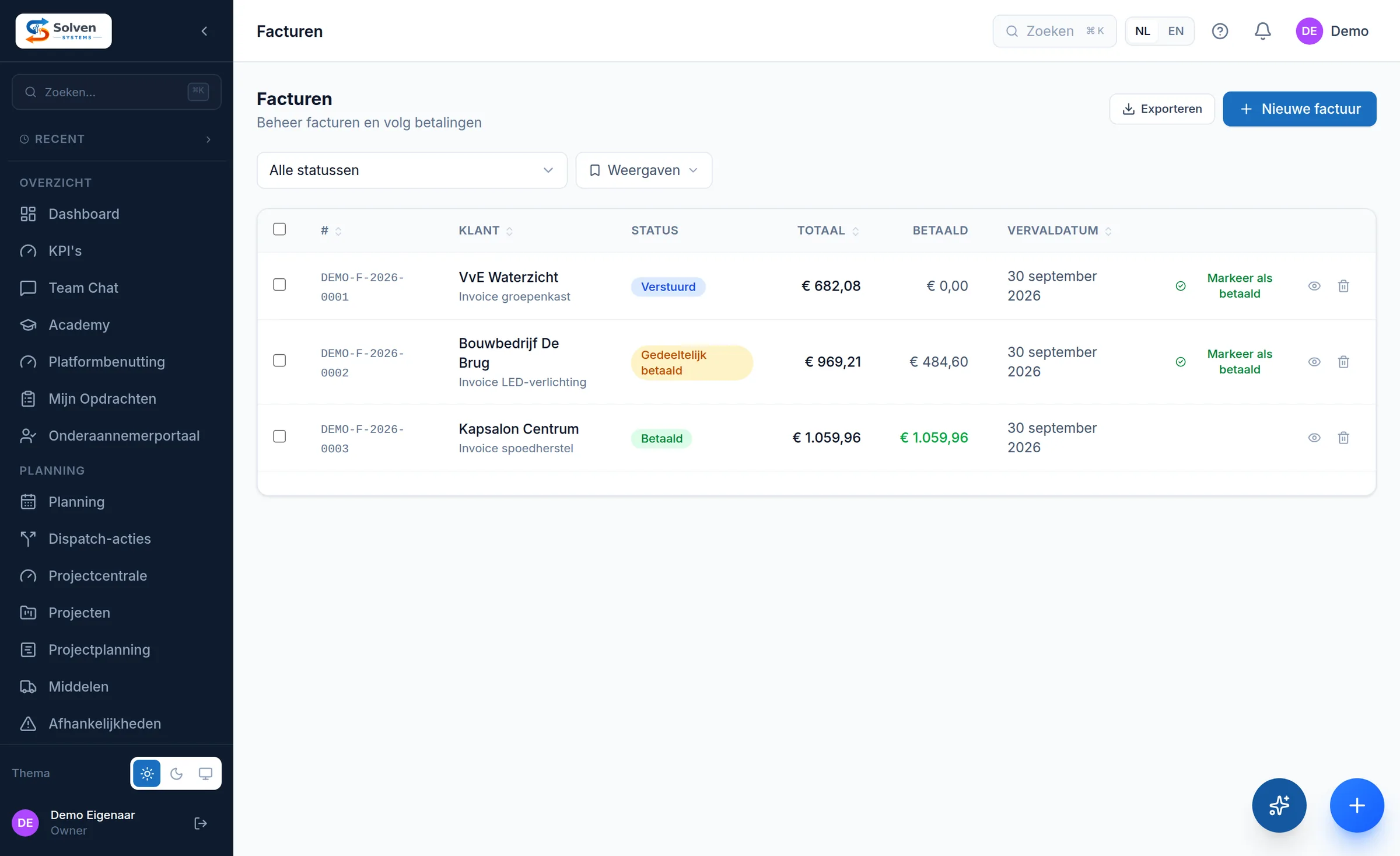 Invoice list in Solven showing per invoice the customer, payment status, total, amount paid and due date