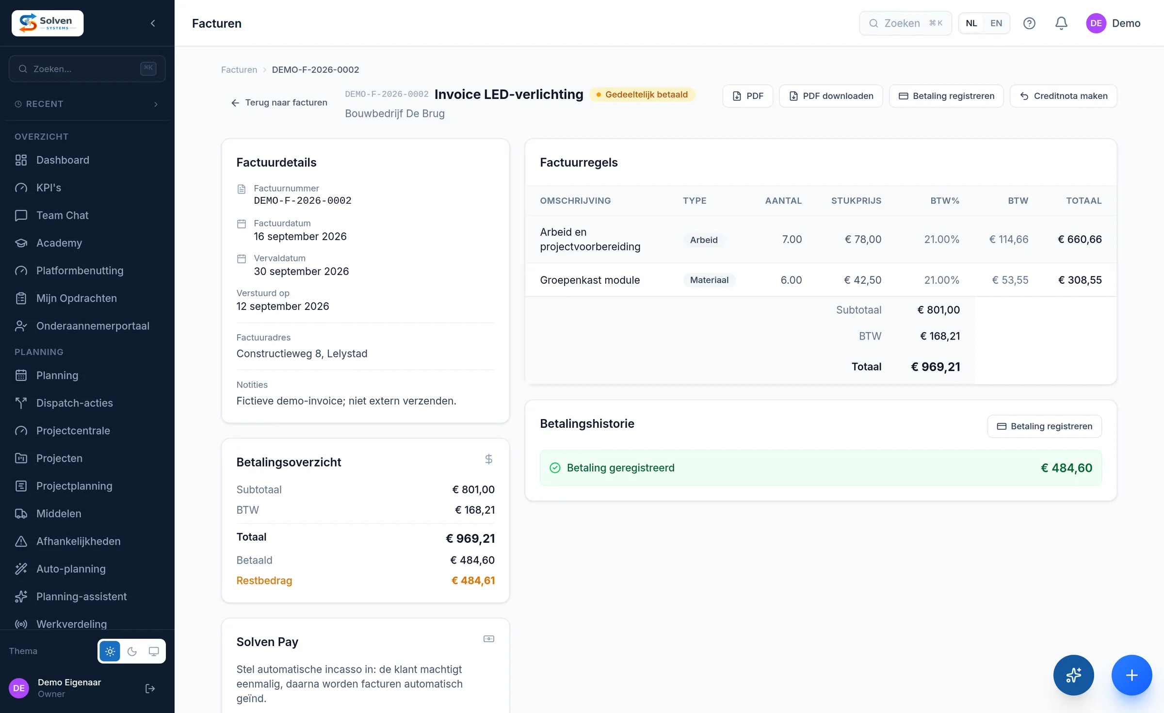 Invoice screen in Solven with invoice lines for labour and materials, VAT and total, beside a payment overview with amount paid and amount outstanding